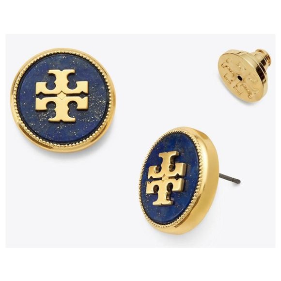 NEW Tory Burch Stud Semi-precious Lapis/Vintage Gold Earrings - Picture 1 of 9
